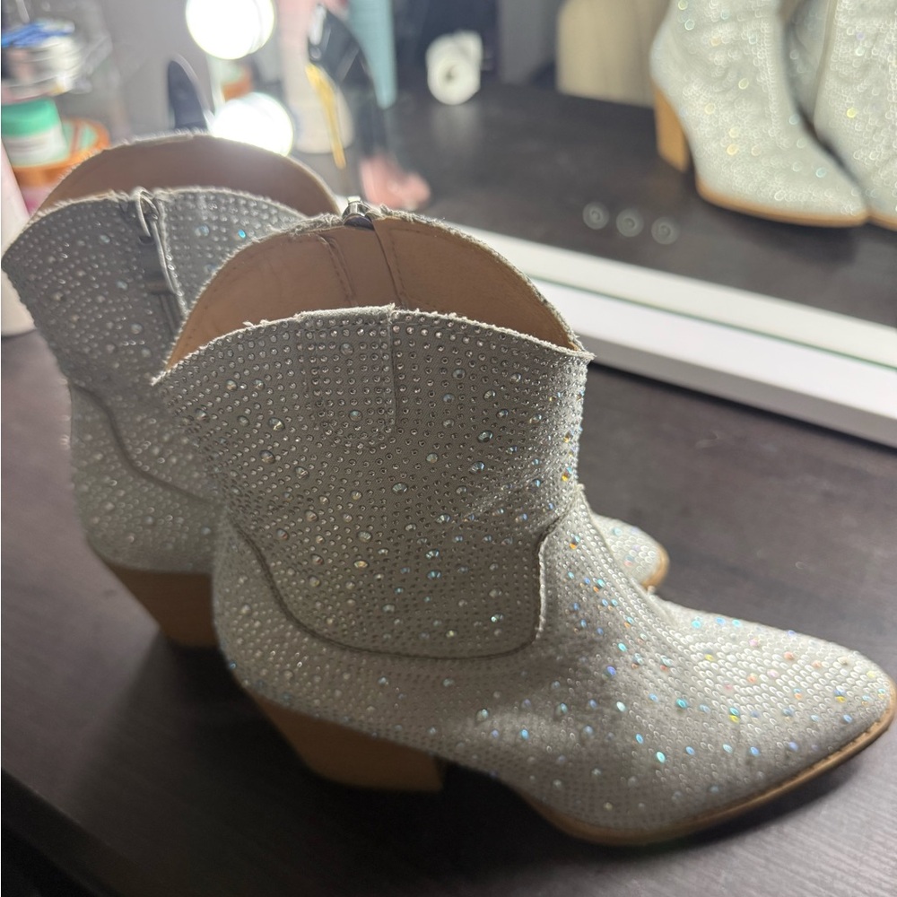 Sparkle White Ankle Booties with Decorative Rhinestones